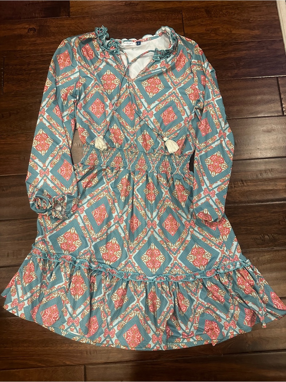 Cabana Life Teal and Coral Diamond-Print Casual Dress